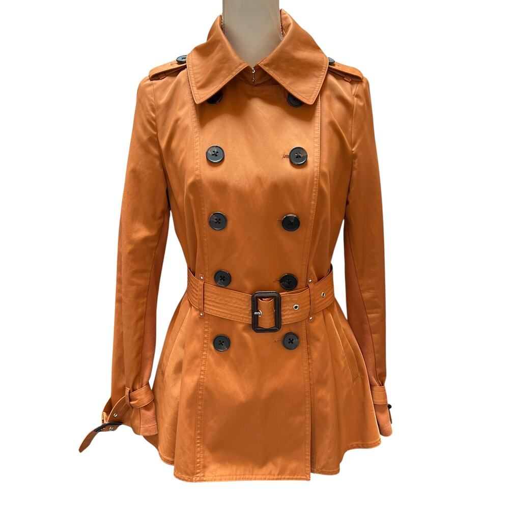 BCBGeneration Medium Orange Belted Trench Coat Double Breasted Peplum EUC